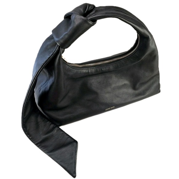 ANINE BING Black Leather‎ Knotted Shoulder Bag Hobo Zipper Interior Pocket